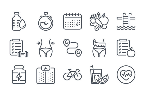 健身相关的线图标设置。健身房使用线性图标。运动和训练大纲向量符号和符号收集。图片下载