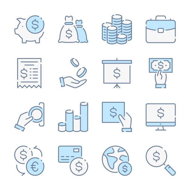 金钱，支付和财务相关的蓝色线彩色图标。图片下载