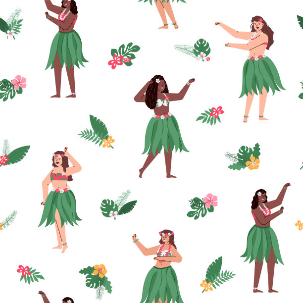 无缝模式与女性夏威夷舞者卡通平面矢量插图。图片下载