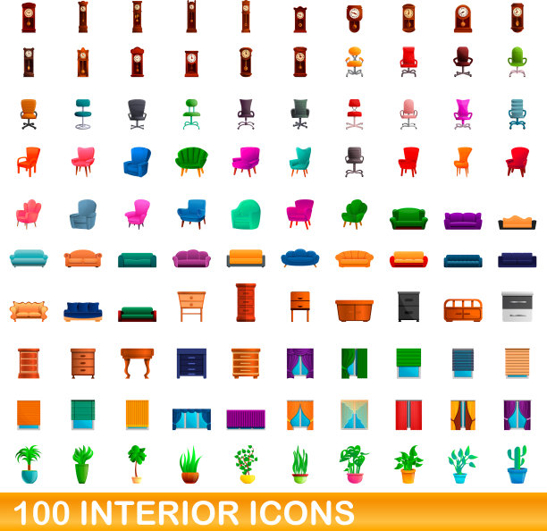 100个室内图标设置卡通风格图片下载