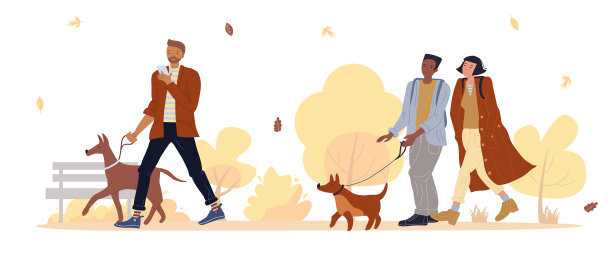 宠物主人在秋叶飘落下的公园遛狗图片下载