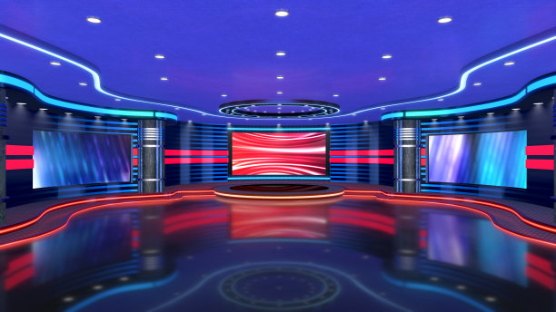 电视演播室，虚拟演播室。理想的绿色丝网合成。图片下载