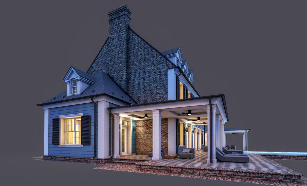 殖民风格的现代古典住宅的3d渲染，在夜晚孤立的黑色上图片下载
