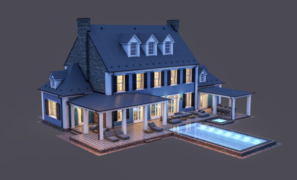 殖民风格的现代古典住宅的3d渲染，在夜晚孤立的黑色上图片下载
