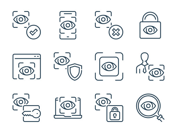 眼睛扫描相关的矢量线图标集。眼睛识别轮廓图标。眼睛认证图标收集。图片下载