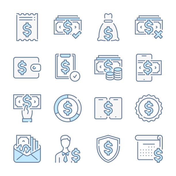 金钱，美元现金和支付相关的蓝色线彩色图标。金融和商业图标集。图片下载