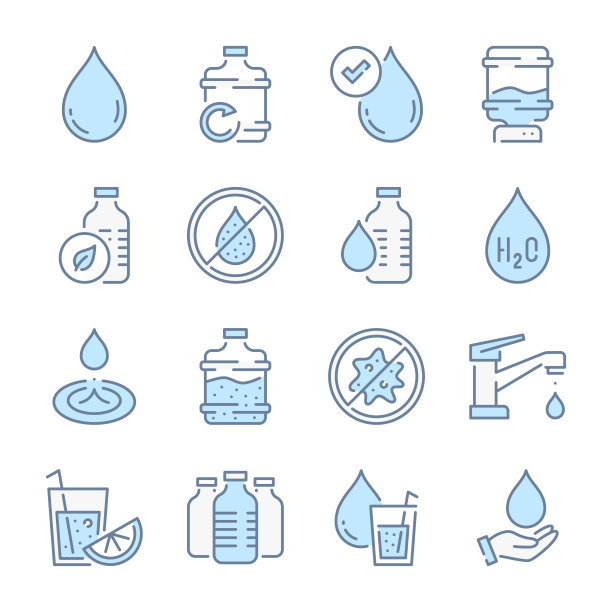 与水相关的蓝线彩色图标。纯净水图标集。图片下载