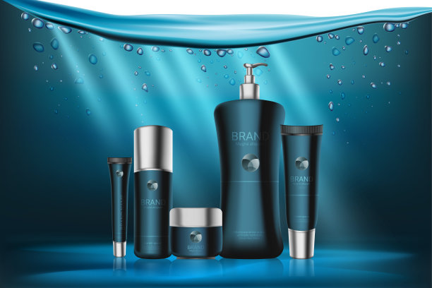 包装蓝色化妆品系列矢量插图，手，脸和身体护理化妆品产品在现实的瓶子容器，广告美容模型图片下载