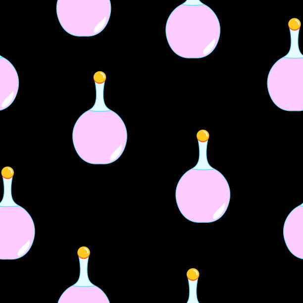 无缝模式与粉红色魔法药水瓶在黑色的背景。卡通风格。童话的饮料。药房和化学。化妆品和皮肤护理。医药和保健。对包装设计图片下载
