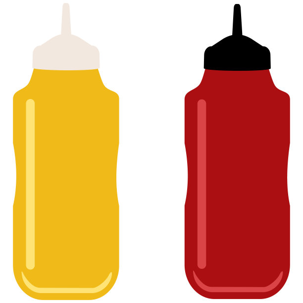 番茄酱瓶和芥末瓶隔离在白色背景上。蕃茄酱和芥末在卡通平面设计，矢量程式化的插图图片下载