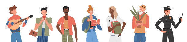休闲人物扁平矢量插画集，卡通多元种族人物，不同种族、职业或年龄，穿着休闲服装的男女图片下载