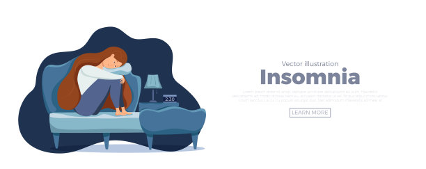 困醒的女人在床上遭受失眠。矢量图图片下载