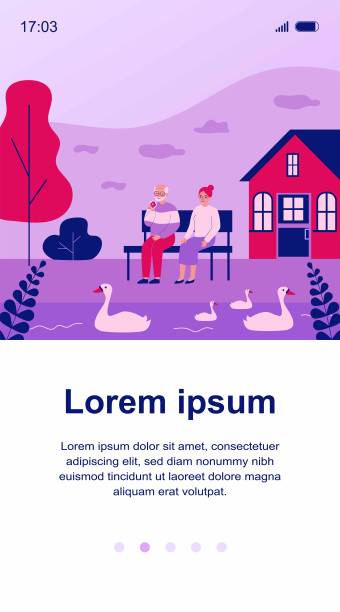 一对老年夫妇在池塘里看天鹅图片下载