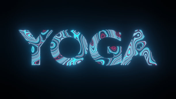 插图图形的纹理或图案形成在文字YOGA上，孤立在黑色背景上。3d渲染抽象的循环霓虹灯照明效果在字母YOGA。图片下载