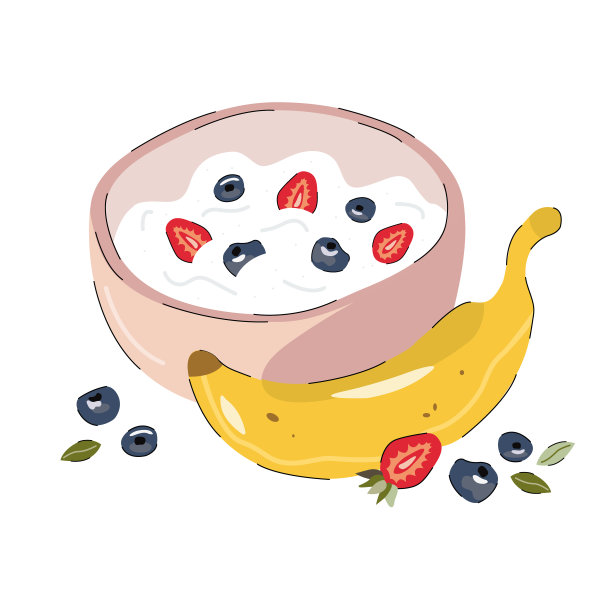 手绘碗酸奶，香蕉和浆果。图片下载