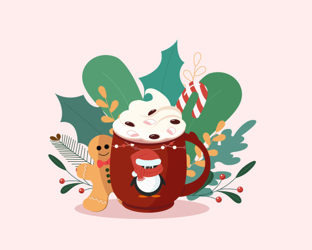 圣诞红杯，冬青叶，浆果。现代平面简约设计。冬季杯咖啡和茶。矢量插图。圣诞节饮料、可可。图片下载