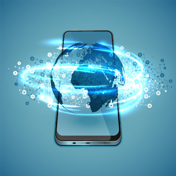 逼真的高细节智能手机与投影的地球仪和连接，矢量插图图片下载