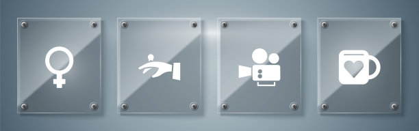 设置咖啡杯和心脏，电影相机，结婚戒指在手和女性的性别象征。方形玻璃面板。向量图片下载