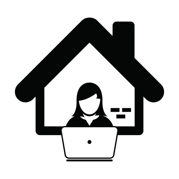 工作从家里图标符号与女性用户个人资料头像的业务和金融在一个平面的彩色象形文字图片下载