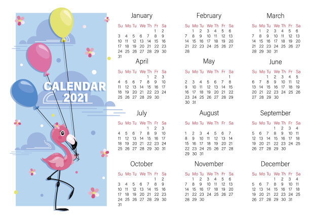 2021年日历。火烈鸟。气球。向量婴儿日历。卡通人物。可爱的小火烈鸟图片下载