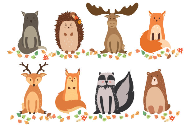 一组可爱的动物在一个白色的背景孤立。矢量插图。素材图片