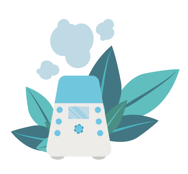 房间家用加湿器。健康的加湿器矢量图标为网页设计孤立的白色背景。概念空气净化器装置周围的树叶。矢量插图在平面风格。图片下载