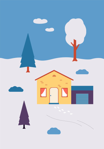 冬天下雪的乡村景观与房子和树平面矢量插图。图片下载