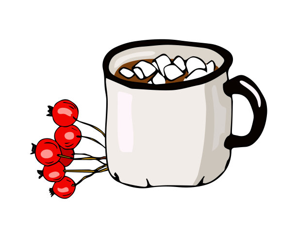 手绘圣诞杯与棉花糖。用于贺卡、海报、墙纸、明信片、贴纸和季节性设计的矢量插图图片下载