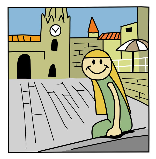 在西班牙阿斯图里亚斯的奥维耶多古城，一名女游客微笑着坐着。图片下载