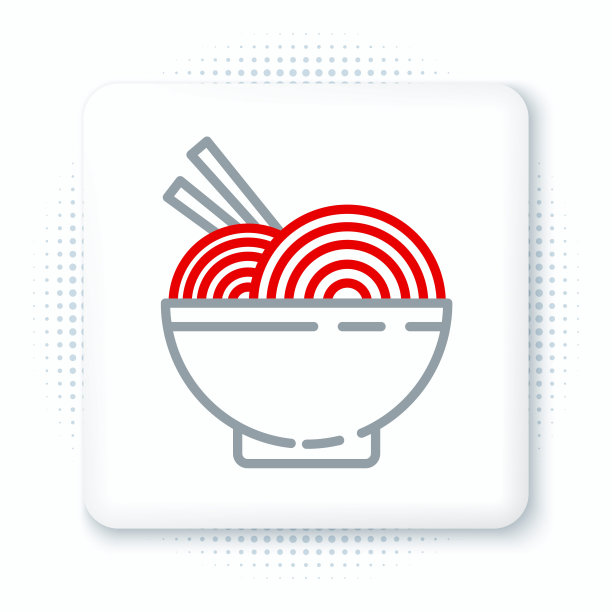 线条亚洲面条在碗和筷子图标孤立的白色背景。街头快餐。韩国菜、日本菜、中国菜。彩色轮廓概念。向量图片下载