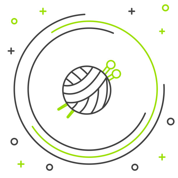 黑色和绿色线纱线球与针织针图标孤立在白色背景。标签适用于手工、针织或裁缝店。色彩斑斓的轮廓的概念。矢量图图片下载