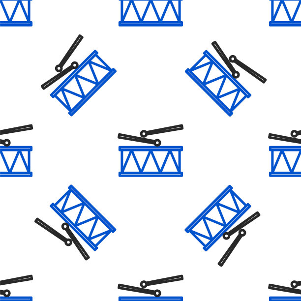 线条乐器鼓和鼓棒图标孤立的无缝模式在白色背景。彩色轮廓概念。向量图片下载