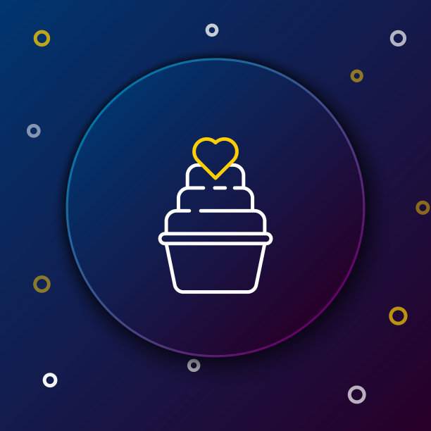 线婚礼蛋糕与心图标孤立在蓝色背景。色彩斑斓的轮廓的概念。向量图片下载