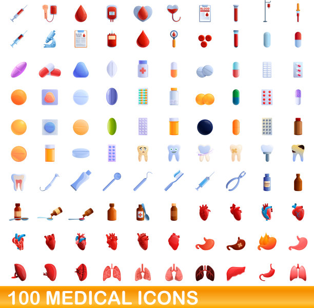 100个医疗图标设置卡通风格图片下载