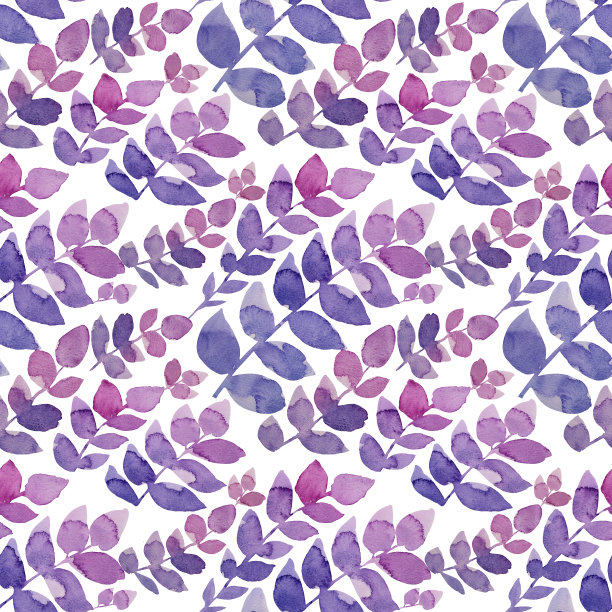 无缝模式水彩手绘紫色和粉红色的枝与叶，草和花在白色。艺术创作的自然背景为卡片、墙纸图片下载