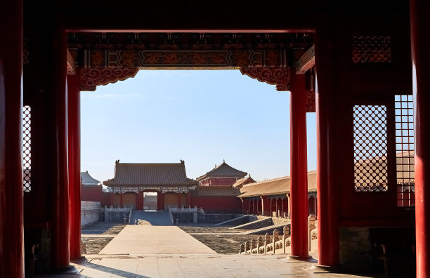 北京的故宫。透过一扇古老的红色大门图片下载