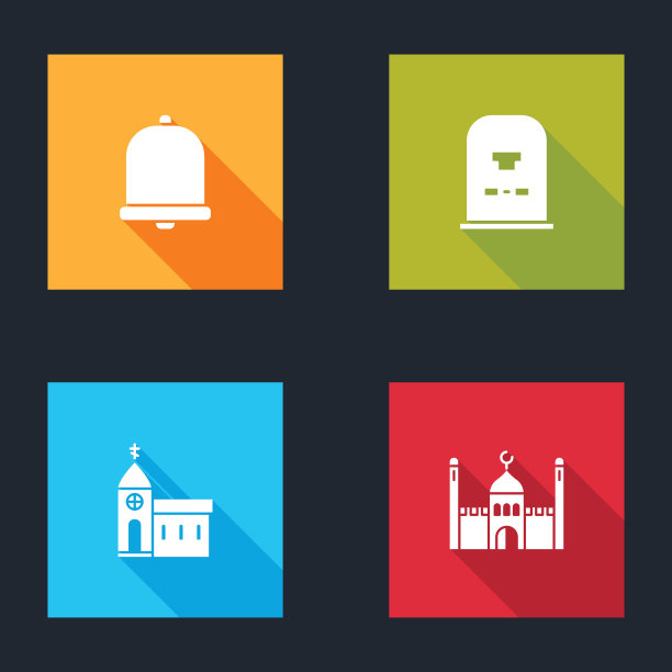 设置教堂钟声，墓碑上写着安息，建筑和穆斯林清真寺的图标。向量图片下载
