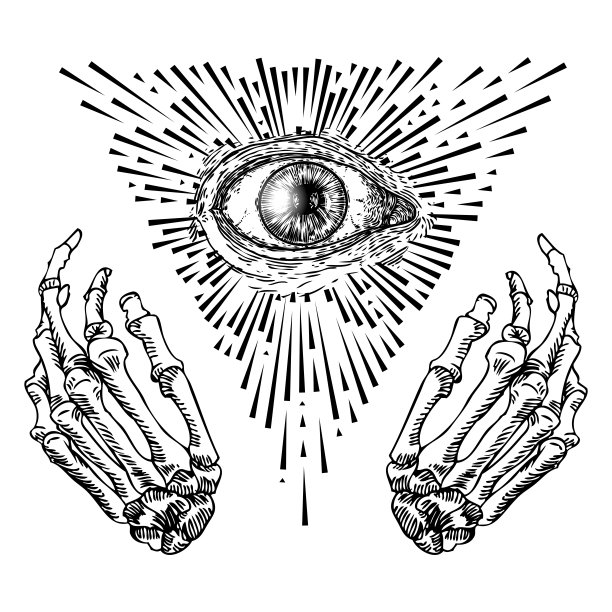 算命先生的手或女巫的手与所有的眼睛。神秘和神秘的符号。手相的精神性概念、占星术和深奥概念。魔术黑墨水纹身闪现的想法。向量图片下载