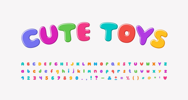 彩色卡通字母，泡泡状字体彩虹色彩鲜艳。大写字母、小写字母、数字、标点符号。矢量图图片下载