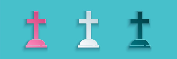 剪纸墓碑与十字图标孤立在蓝色背景。严重的图标。纸艺术风格。向量图片下载