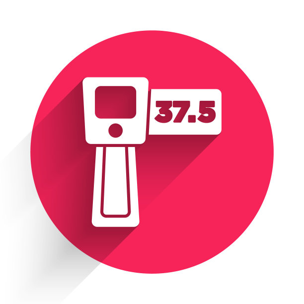 白色数字非接触式温度计与红外光图标隔离与长阴影。红色圆圈按钮。向量图片下载