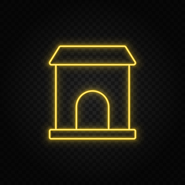 黄色霓虹图标建筑，大学。透明背景。黄色霓虹矢量图标图片下载