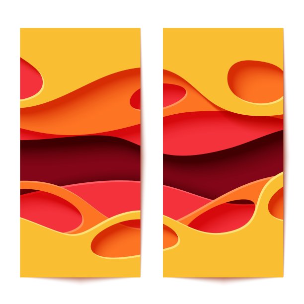 一套剪纸传单与波浪和洞。黄橙粉和暗红色3d抽象背景平滑波浪层。垂直宣传册模板。矢量卡与圆形凹槽剪纸风格图片下载