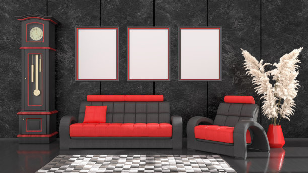 黑色的室内，现代的黑色和红色的沙发和框架的模型图片下载