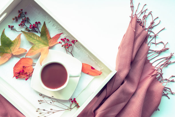 用托盘盛上一杯咖啡或可可，枫叶，干花，流苏披肩。平铺，白色背景。图片下载