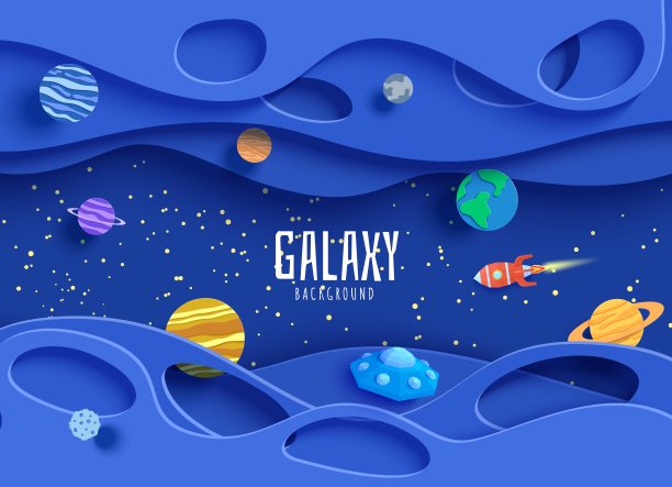 卡通行星，红色的多边形火箭和折纸UFO。波浪分层背景剪纸风格。星空中飞碟三维矢量卡，纸工艺品银河儿童插画。图片下载