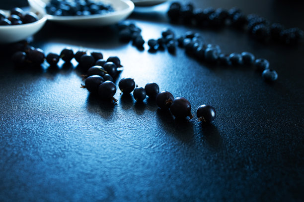一套不同类型的黑浆果在一个白色的盘子在一个黑色的桌子。时尚的季节性维生素图片下载