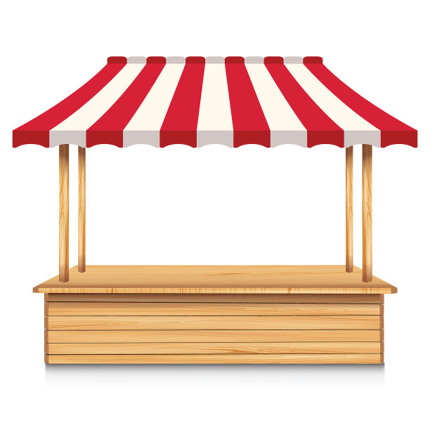 木制的市场摊位与红色的遮阳篷在一个白色图片下载