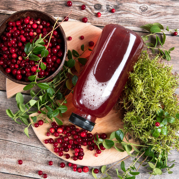 装在塑料瓶里的蔓越莓和蔓越莓汁图片下载