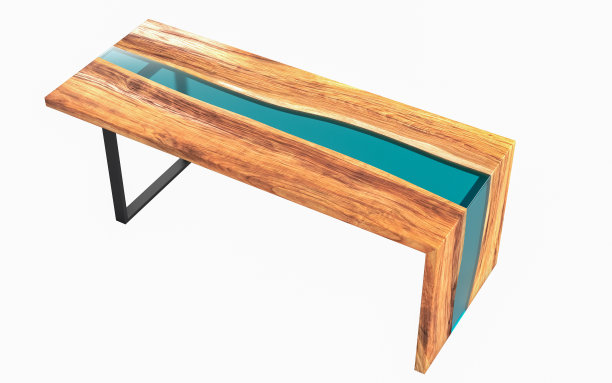 活边木桌与绿色环氧树脂在白色的背景。三维渲染图片下载